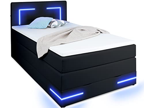 wonello Boxspringbett 140x200 mit Bettkasten und LED Beleuchtung - gemütliches Bett mit LED Beleuchtung - Stauraumbett 140 x 200 cm schwarz mit Matratze und Topper