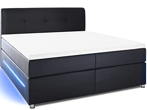 wonello Boxspringbett 180x200 LED Beleuchtung - gemütliches Bett mit LED Beleuchtung - Denver Doppelbett 180x200 cm schwarz mit Matratze und Topper