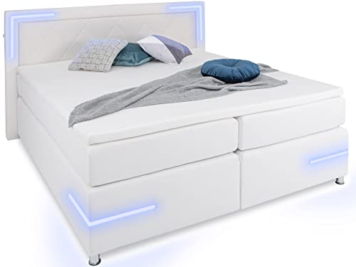 wonello Boxspringbett 180x200 LED Beleuchtung - gemütliches Bett mit LED Beleuchtung - Arizona Doppelbett 180x200 cm mit Matratze und Topper - weiß Kunstleder