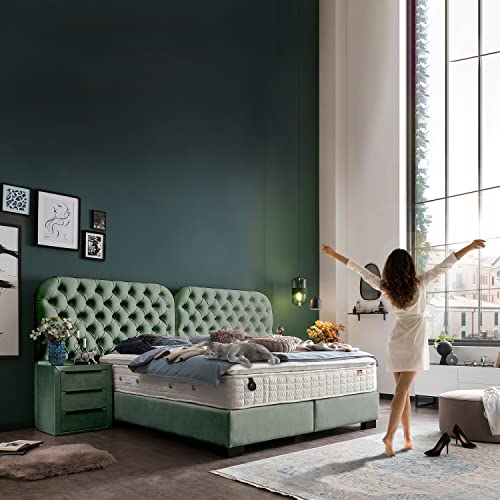 payé Boxspringbett Bali 180x200 cm - Grün - mit Matratze H2 Topper und Zwei Kommoden Modern fürs Schlafzimmer