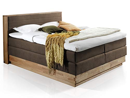 moebel-eins MENOTA Boxspringbett mit Bettkasten, massivem Holzrahmen und Bezug im Vintage Look, 160 x 200 cm, braun, Härtegrad 4